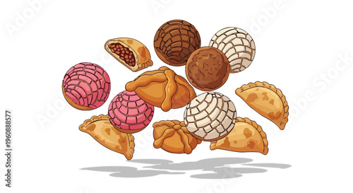 Assorted Mexican Sweet Bread Conchas and Empanadas Illustration