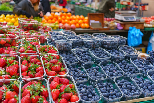 Photography Fresh strawberries and blueberries in plastic boxes displayed at local food market with blurred background of fruits and vendors