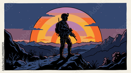Silhouette of a Soldier Standing Against a Dramatic Sunset in a Mountainous Landscape for Military or Adventure Themes