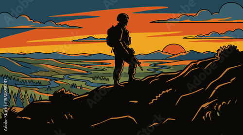 Silhouette of a Soldier with Rifle Standing on Mountain Peak at Sunset Over Scenic Landscape