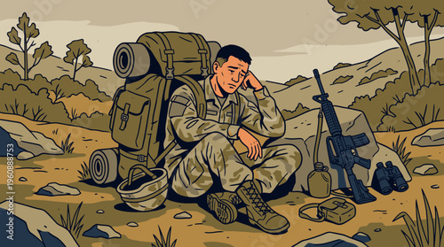 Soldier Resting in the Wilderness with Backpack and Tactical Gear, Surrounded by Nature and Camping Supplies for Military Adventure or Outdoor Survival Scenes