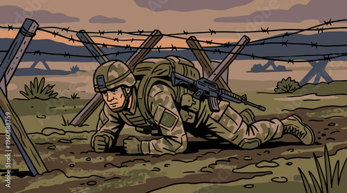 Soldier Crawling Low in a Barricaded War Zone with Barbed Wire Defense in a Military Battlefield Scene
