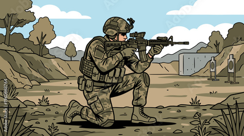 Soldier in Combat Attire Aiming Rifle in a Training Range with Target Practice and Outdoor Shooting Environment
