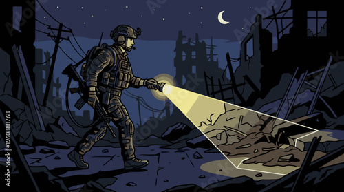 Soldier Navigating and Searching Amid Urban Ruins at Night with Flashlight During Darkness and Destruction