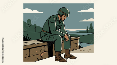 Soldier Resting on a Stone Bridge in a Calm Outdoor Setting, Military Personnel Taking Break During Training or Deployment
