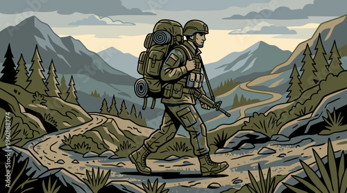 Soldier Trekking Through Mountainous Wilderness with Backpack and Rifle in Nature Setting