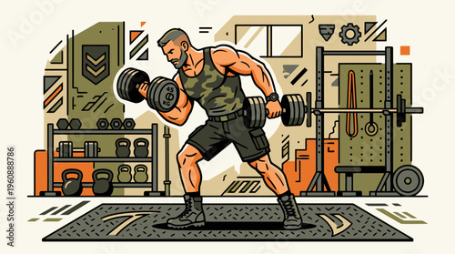 Strong Man Lifting Dumbbells in Modern Gym for Fitness and Strength Training