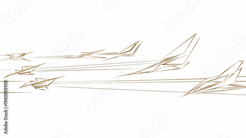 Stylized illustration of multiple aircraft in flight, created with brown geometric lines on white