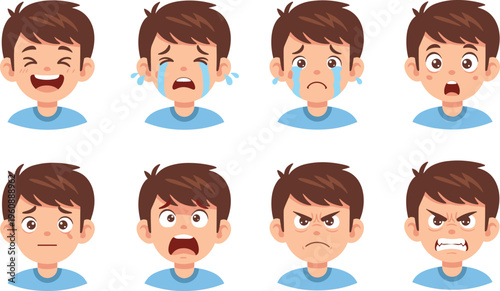 Cartoon Boy Facial Expressions Set Featuring Laughing, Crying, Sad, Surprised, Angry and Emotional Kids Faces Collection for Animation and Character Design.