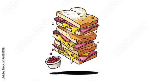 Stacked Ham and Cheese Sandwich Illustration with Dipping Sauce