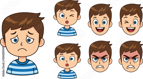 Cartoon Boy Facial Expressions Set Featuring Sad, Happy, Angry, Winking, Surprised and Emotional Kids Faces Collection for Animation and Character Design.
