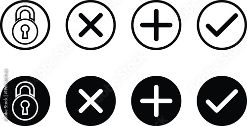 Set of eight icons featuring lock cancel add and check symbols in black and white