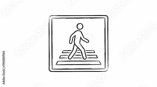 Hand-drawn sketch icon of a pedestrian crossing sign with a person walking on a crosswalk.