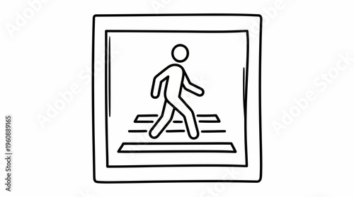 Hand-drawn sketch icon of a pedestrian walking on a crosswalk within a square frame, representing a walk signal or crossing.