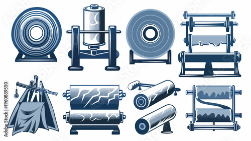 Assortment of monochrome, stylized illustrations of industrial machines and apparatus