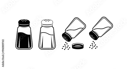 Set of cartoon style salt and pepper shakers, icons of spice containers in black and white, isolated on a white background, vector graphic