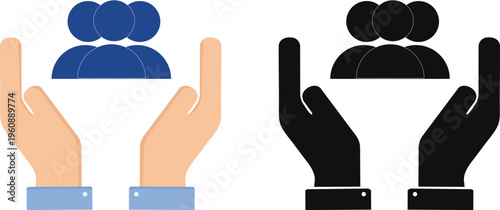  social care and teamwork icons featuring human hands protecting a group of people, community support concept.