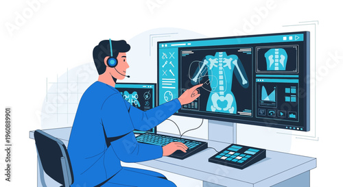 Doctor Analyzing Medical Scans on Computer Screen, Futuristic Medical Technology Concept