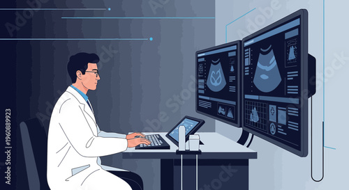 Doctor Analyzing Medical Scans on Computer Screens in Modern Clinic