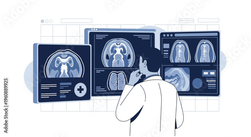Doctor Analyzing Medical Scans on Computer Screens: Brain MRI, CT Scan, X-ray Imaging