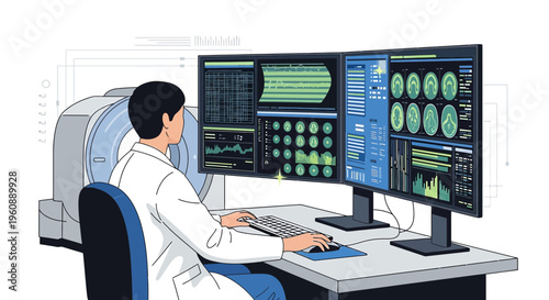 Doctor analyzing medical scans on computer screens, MRI machine in background