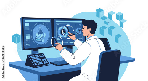 Doctor analyzing medical scans on dual monitors, futuristic technology, healthcare concept