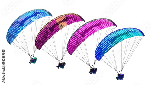 Four paragliders with vibrant colored wings float against a clean white background