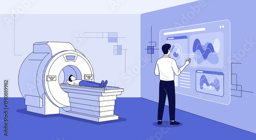 Doctor analyzing MRI scan data on futuristic screen next to patient in scanner