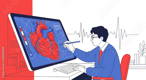 Doctor Analyzing Heart Scan on Futuristic Digital Monitor, Medical Technology Concept