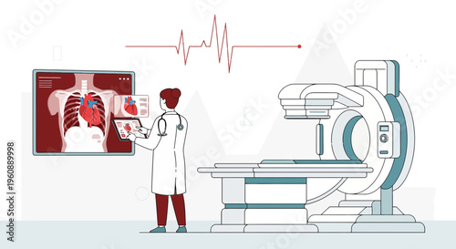 Doctor Analyzing Heart Scan on Digital Screen Next to CT Scanner and ECG