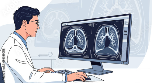 Doctor Analyzing Lungs CT Scan on Computer Screen in Medical Office