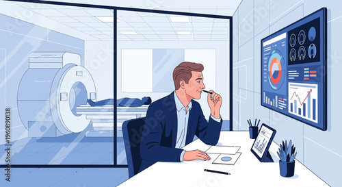 Doctor analyzing medical data on screen next to MRI scanner with patient