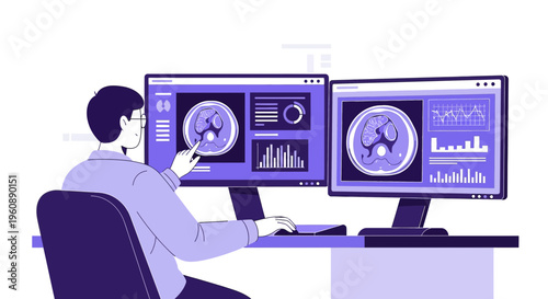 Doctor Analyzing Medical Scan Data on Computer Screens