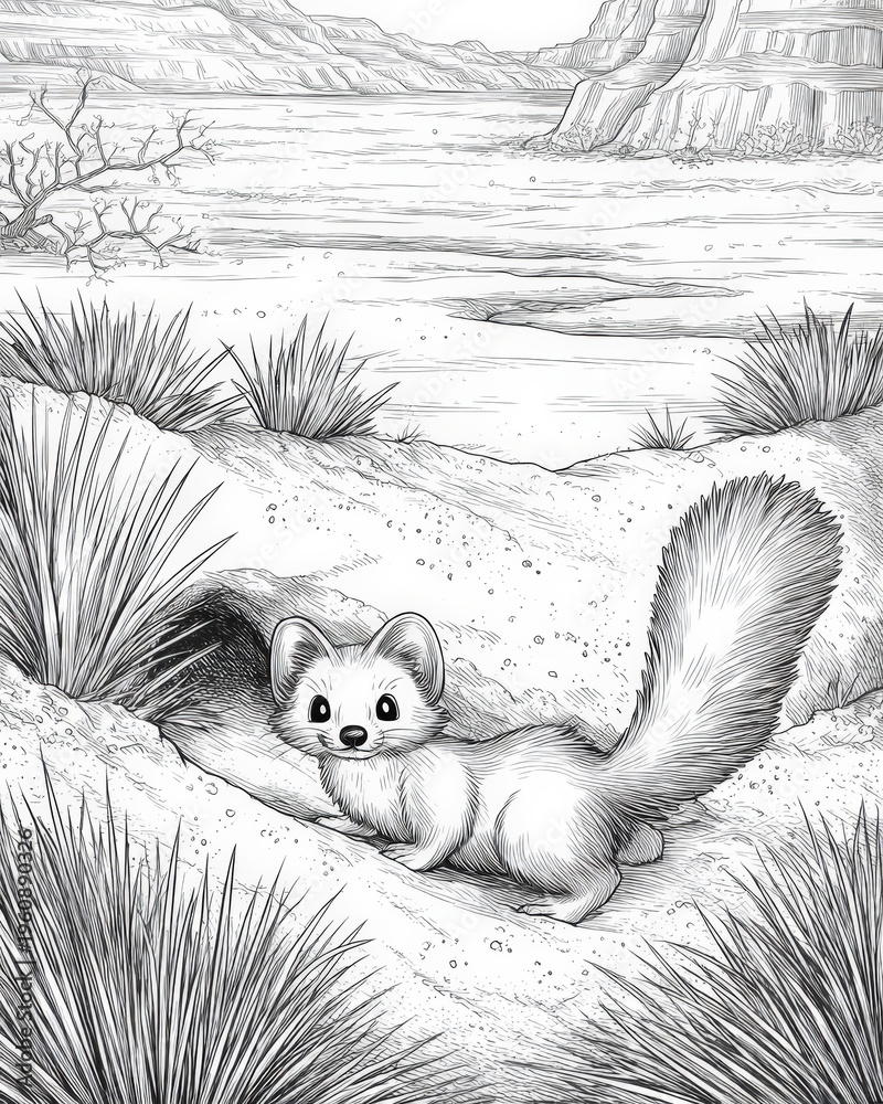Naklejka premium Hand-drawn black and white coloring page of a cute desert kit fox or fennec emerging from its sand burrow in a canyon landscape with dry shrubs and rock formations for children and adult activity.