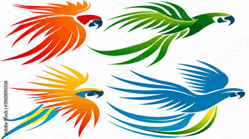 Colorful stylized vector illustrations of parrots in flight, showcasing vibrant plumage