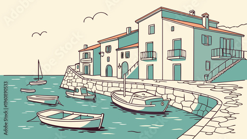 Mediterranean Seaside Harbor Boats Flat Vector