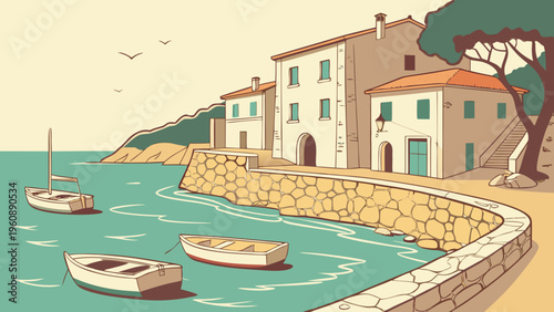 Mediterranean Seaside Harbor Boats Flat Vector