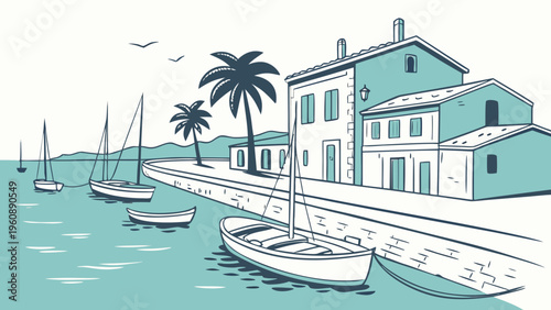 Mediterranean Seaside Harbor Boats Flat Vector