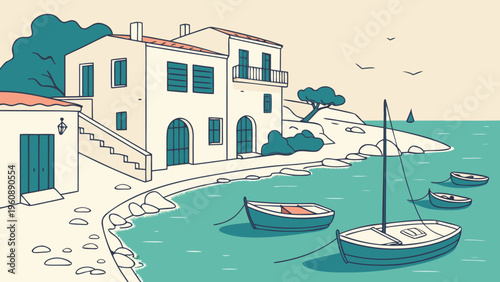 Mediterranean Seaside Harbor Boats Flat Vector