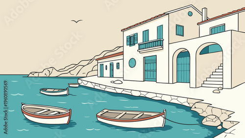 Mediterranean Seaside Harbor Boats Flat Vector