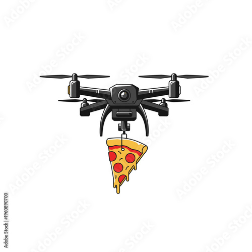 Drone delivering a slice of pizza, fast food delivery, modern technology concept