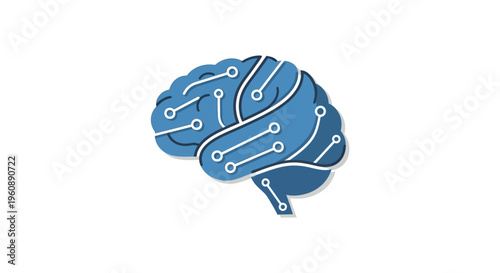 Blue circuit brain illustration with white lines.