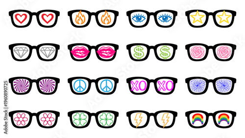 Glasses vector set illustration with different shapes concept, love, eyes, rainbow, element and other