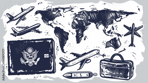 Black and white illustration depicting a passport, world map, airplanes, and a suitcase