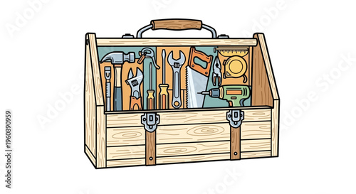 Wooden toolbox with assorted tools inside.
