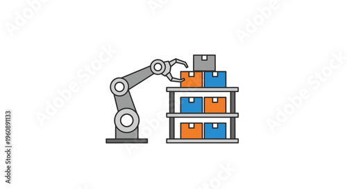 Robot arm picking up a box from shelf.