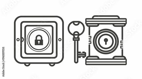 A geometric illustration of security symbols, including a lock, key, and two container-like structures