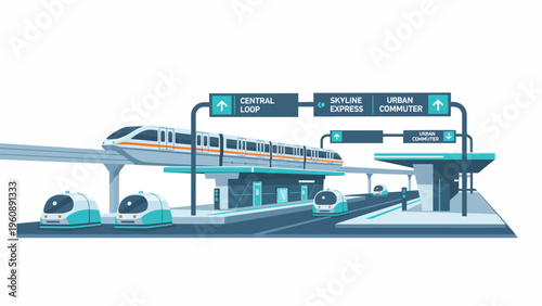 Modern train on elevated track.