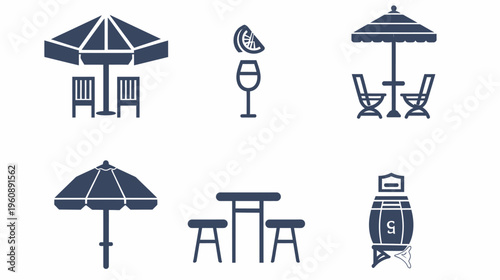 Simplified illustrations of outdoor cafe elements chairs, tables, umbrellas, wine, barrel