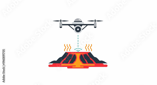 Drone flying over erupting volcano illustration.